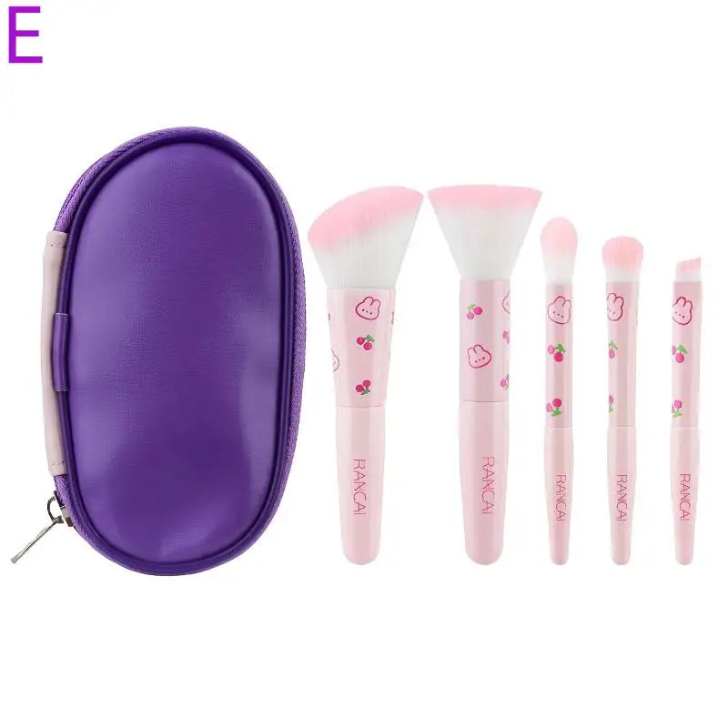 5pcs Cute Compact Makeup Brush Set With Case Premium Brush For Flawless Foundation Blush Eyeshadow Application Beauty Tools