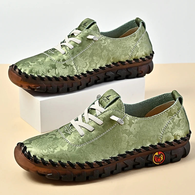 Print Fashion Sneakers Women Hand-stitching Leather Casual Shoes Design Platform Loafers Breathable Flats Shoe Driving Plus Size
