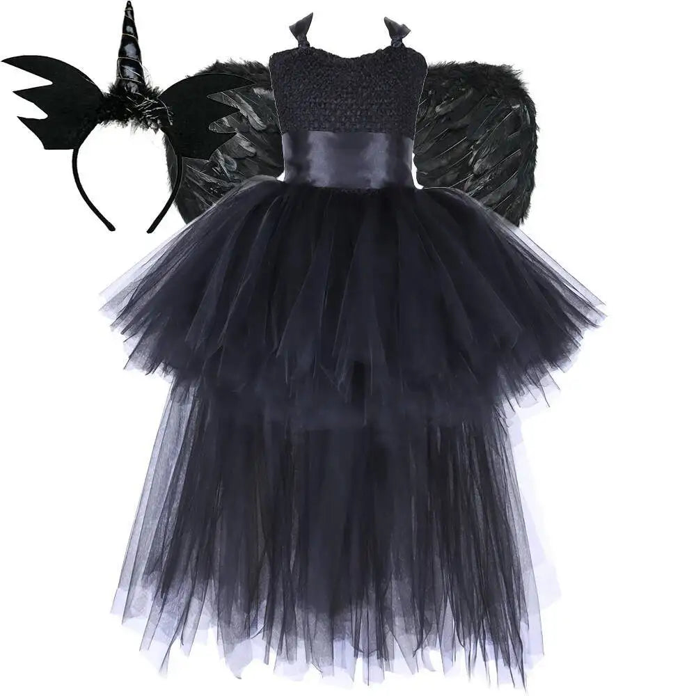 Dark Witch Halloween Costumes for Girls Black Devil Angel Fancy Trailing Dress with Feather Wings Bat Horns Kids High Low Outfit