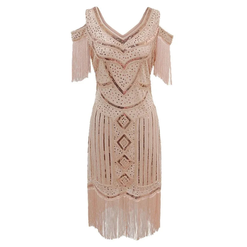 Women Fringe 1920s Flapper Dress 20s Gatsby Themed Party Dress Vintage V-neck Off Shoulder Sequin Beaded Cocktail Dress
