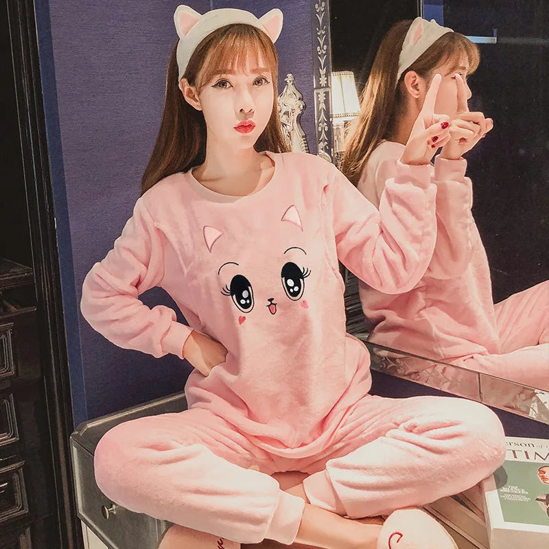 Autumn Long Sleeve flannel Maternity Clothing winter Thin coral fleece Pajamas Set Pregnant Women Breastfeeding Nursing Pyjama