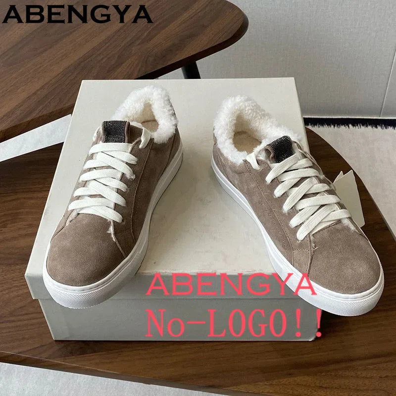 New Winter Wool Sneakers Women Suede Leather Lace Up Flat Casual Shoes For Women Mules Round Toe Bead Walk Fur Shoes Ladies