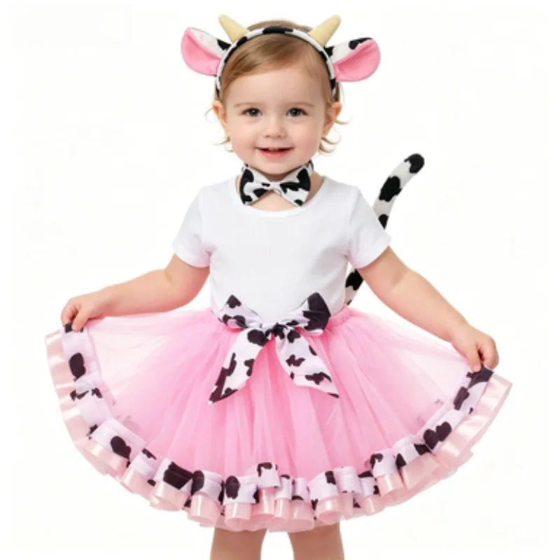 Girls' Short Skirt Midi Skirt Double-Layer Mesh Tutu Skirt,Cow Four-Piece Set Animal-Themed Dress, Halloween Performance Costume