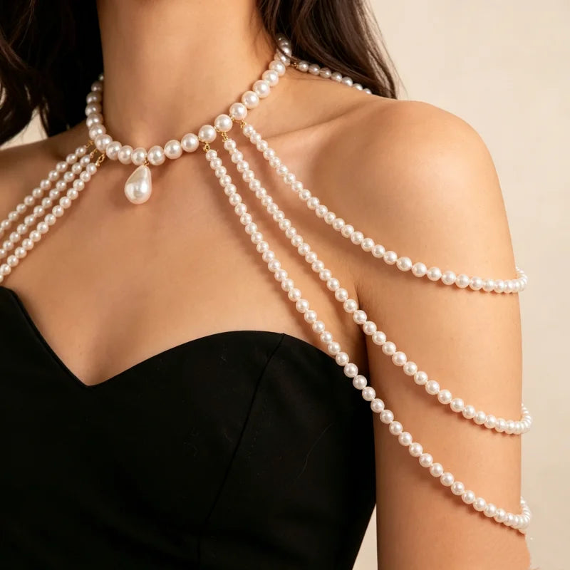 Elegant Multi-Layered Pearl Shoulder Chain Necklace for Women Luxury Wedding Dinner Body Chain Bridal Accessory