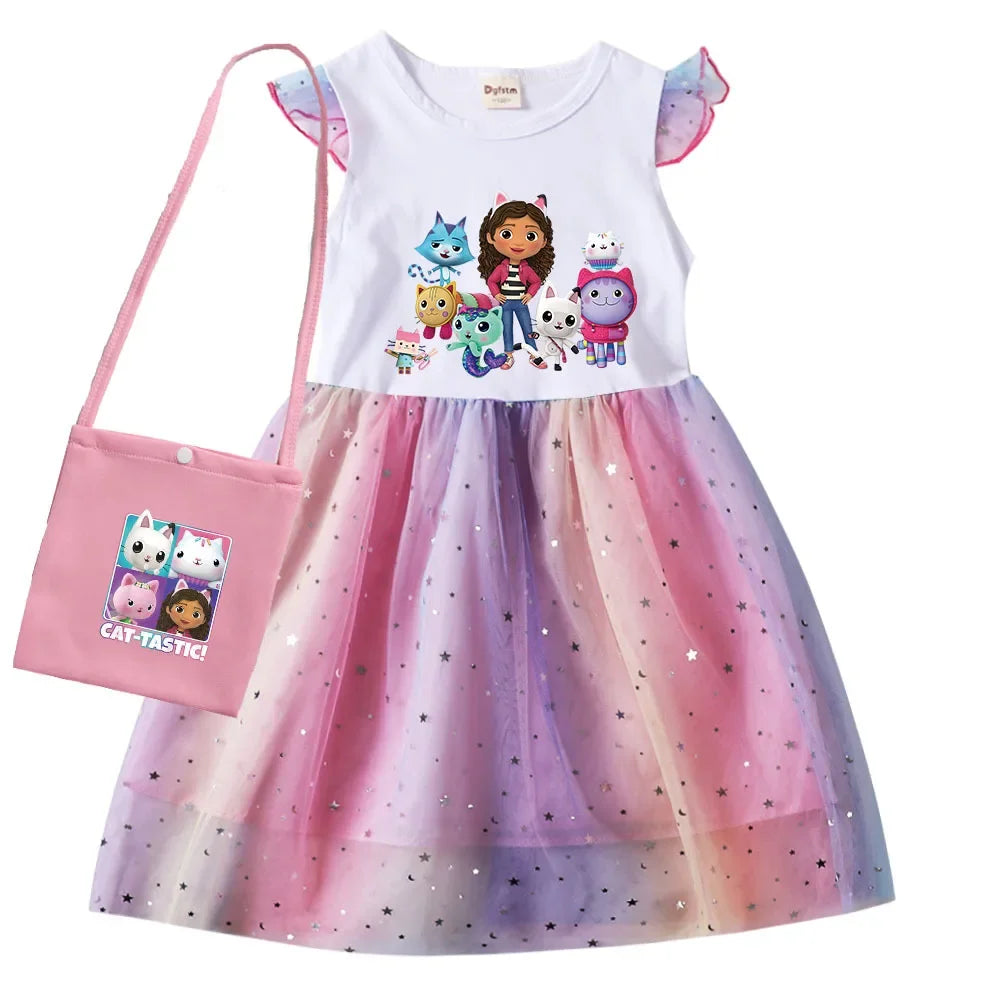 2024 Girls Summer Dresses Gabbys Dollhouse Girls Cat Tastic Costumes Kawaii Kids Birthday Party Princess Dress with Headwear Bag