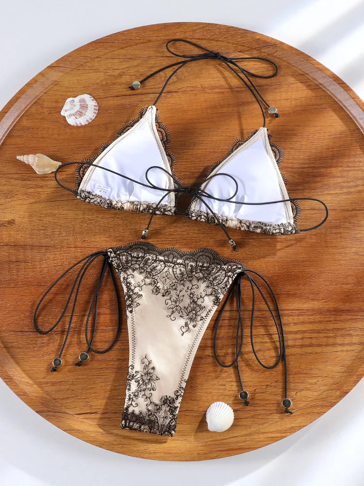 Miyouj Bandage Bikini Sets Triangle Bathsuits Low Waist Bathwear Solid Color Swimwear Women's Swimsuits High Cut Two-Piece Sets