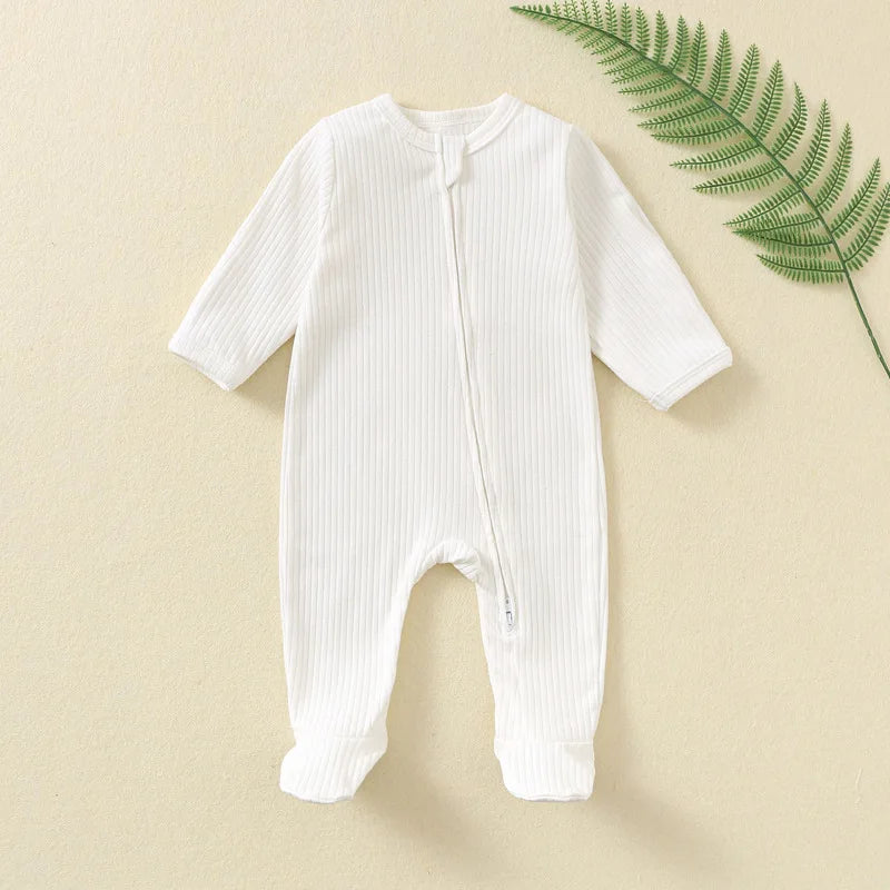 Autumn Zipper Baby Onesie Ribbed Knit Footed Romper Long Sleeve Solid Color Jumpsuit for 0-12M Newborn Infant Outfits