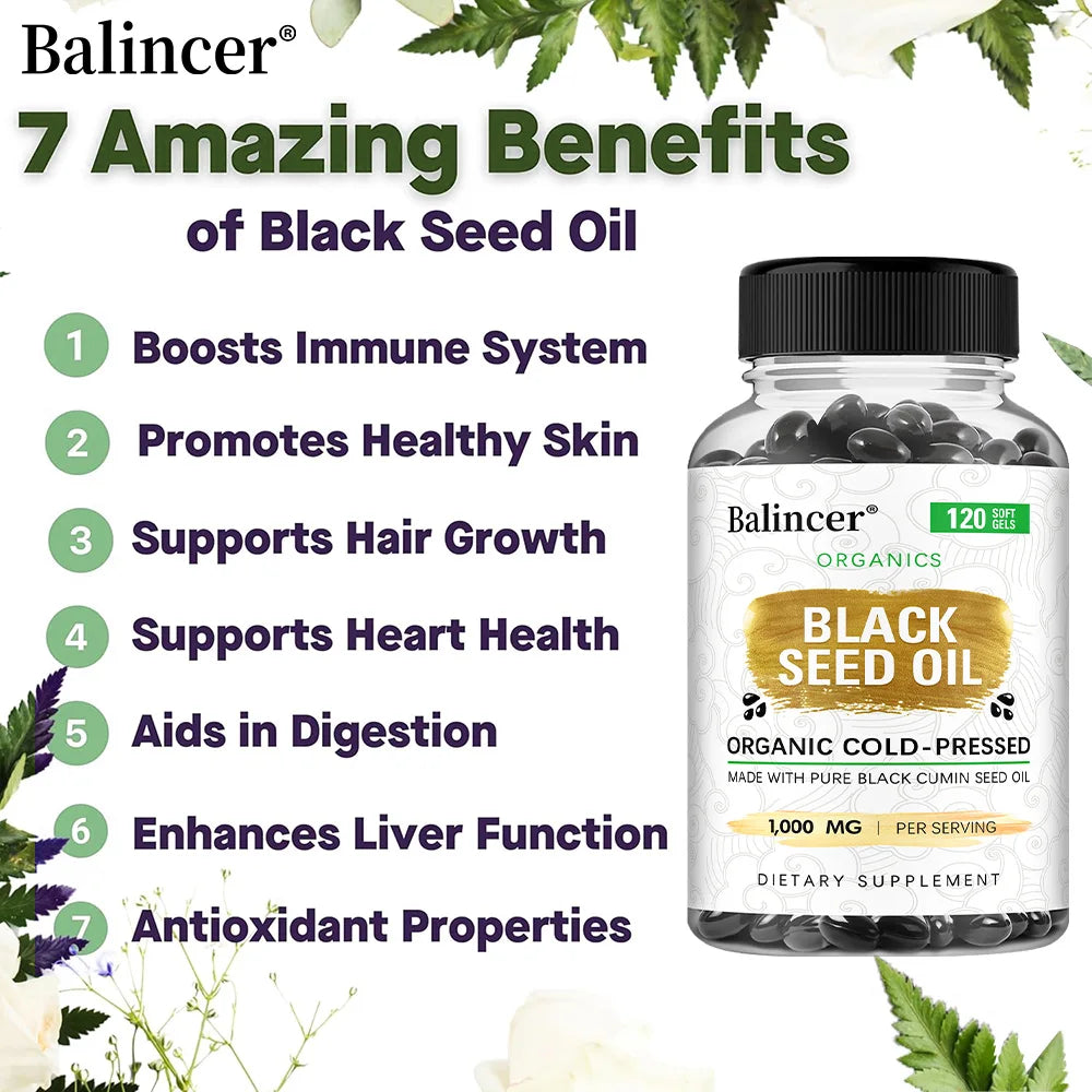 Organic Black Cumin Seed Oil 1000mg Capsules, Cold-Pressed, Immune & Hair Skin Support, Nutritive Antioxidants Non-GMO Vegan