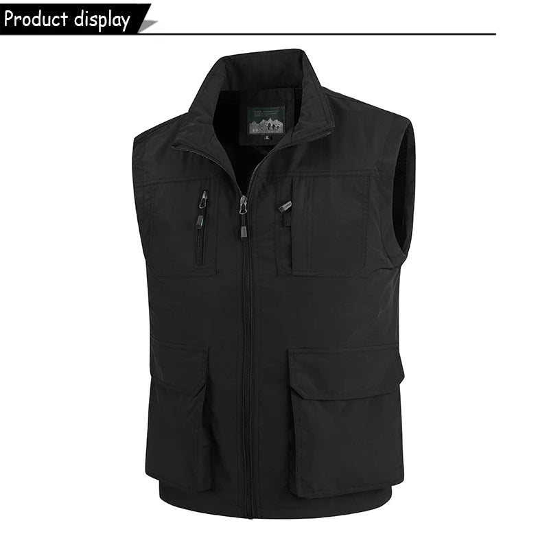 2026 Summer Men Sleeveless Cargo Leisure Work Lapel Vest Men Outdoor Solid Color Fishing Camping Thin Pocket Vest Male Waistcoat