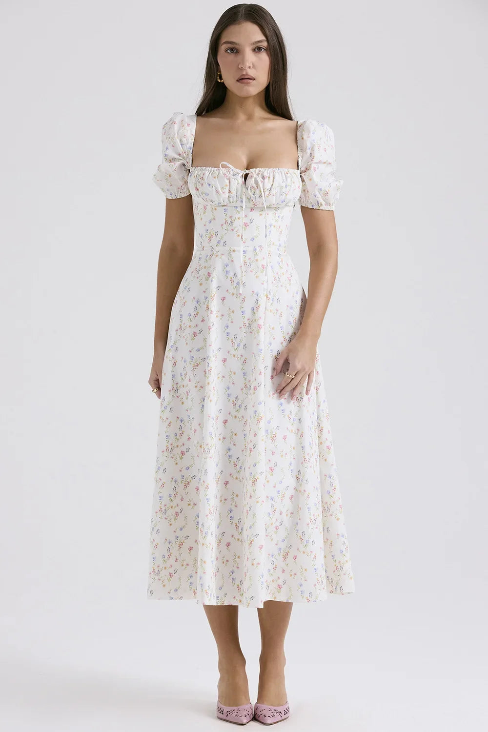 Elegant Fairylike French Style Gentle Floral Print Strapless Midi Dress Slimming Women's Fashion High End Feeling Dress
