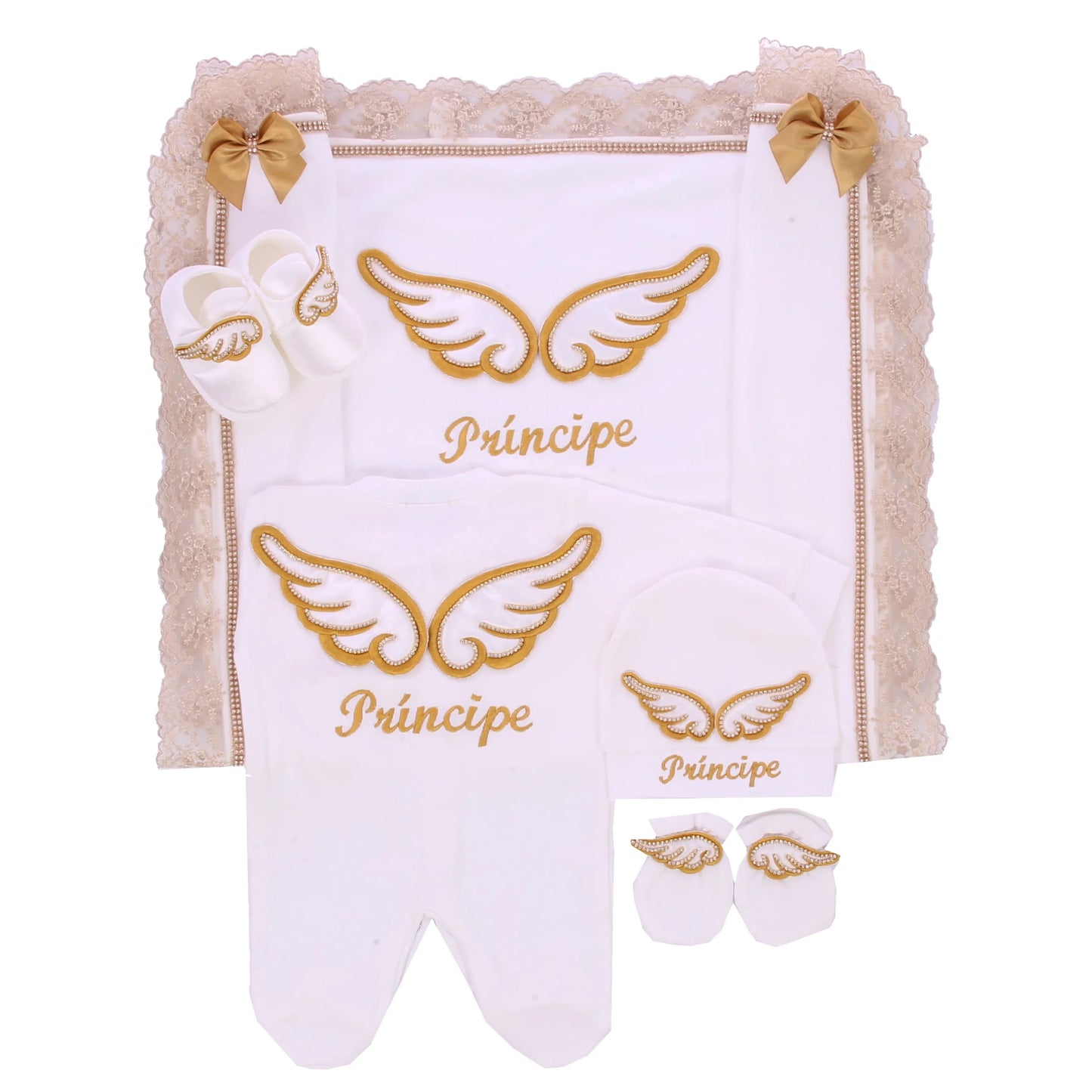 5pcs Newborn Baby Embroidery Lace Romper Outfit Clothing Cotton Infant Wrapped Baby Products Pants Mittens Receiving Blanket