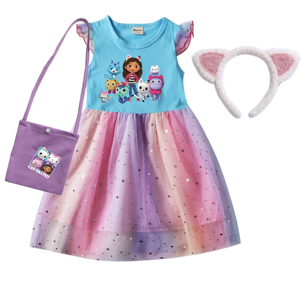2024 Girls Summer Dresses Gabbys Dollhouse Girls Cat Tastic Costumes Kawaii Kids Birthday Party Princess Dress with Headwear Bag