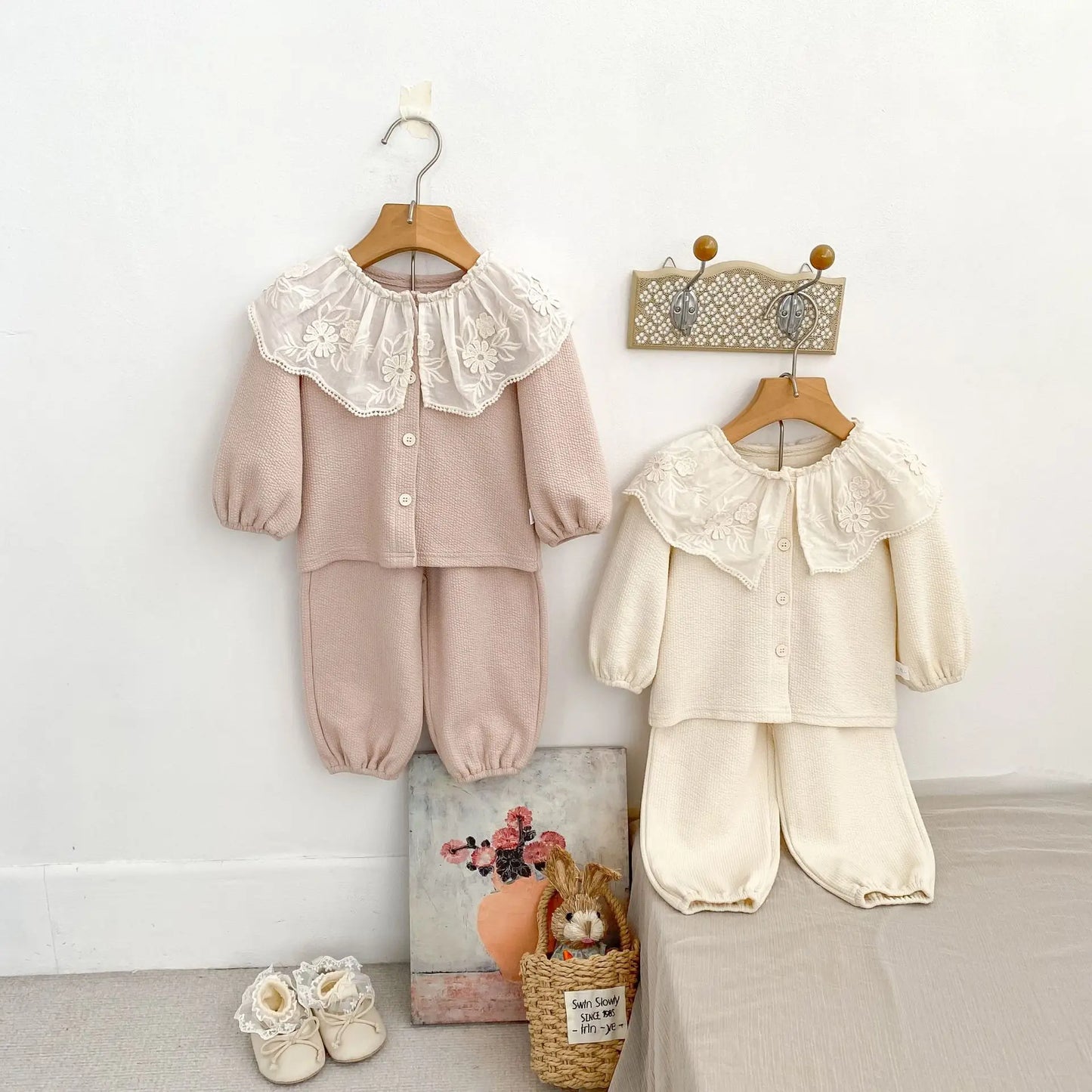 Baby Clothing Set 2025 Autumn Spring New Girls' Long Sleeve Suit Cotton Lace Collar Cardigan +Pant Two-piece Suit