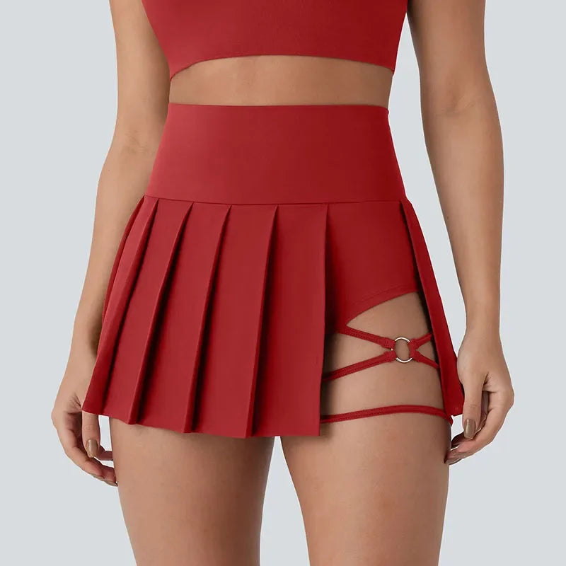 Women Inside Safe Shorts Tennis Skirts Red Cross Bandage Running Sports Pleated Skirt Woman High Waist Fitness Yoga Mini Skirts