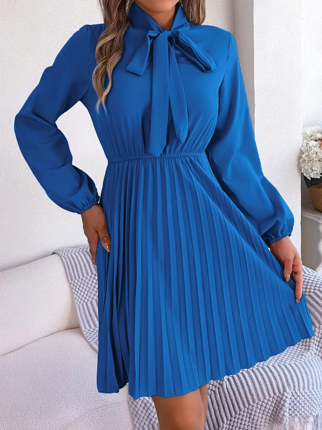 Women Fall Vacation Elegance V Neck Solid Tie Waist Ruffle Hem Pleated Midi Dress Long Sleeve Wedding Dress