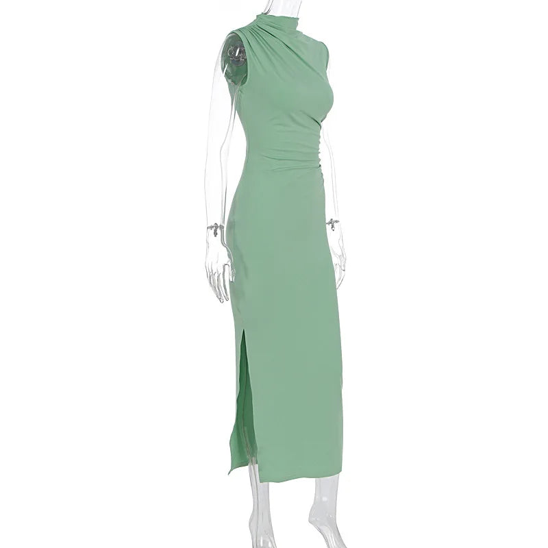 YUZHEXI elegant sleeveless ruched midi dress women commuter bodycon solid color robe black red pink split clothes summer