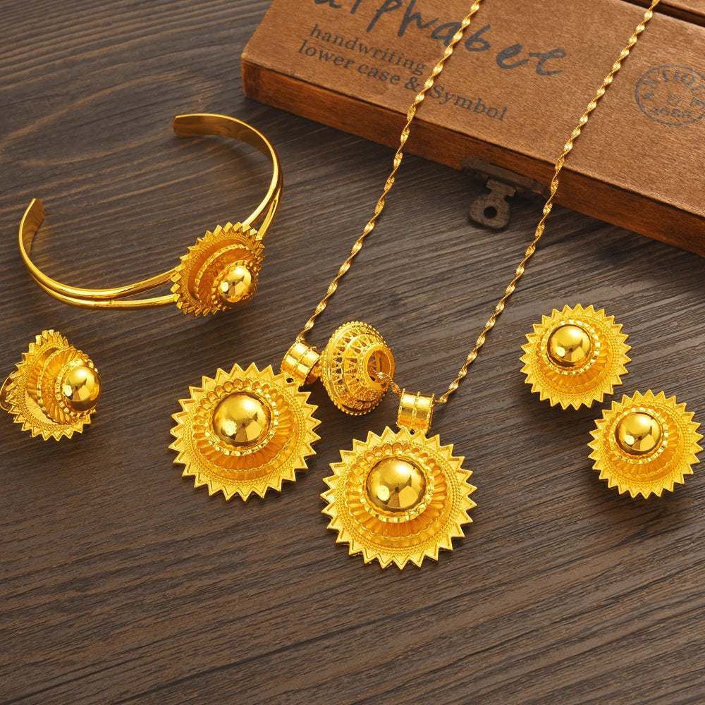 Ethiopian  Jewelry 2pcs Pendant/Necklace/Earring/Ring/Bracelet Gold Color Eritrea Set Man Women's Habesha Wedding Party Gift