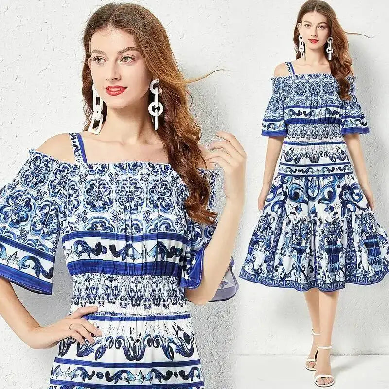 JAMERARY Summer Runway Blue White Porcelain Print Midi Dress Women's Straps Flare Sleeve Elastic Waist Cotton Floral Vestidos