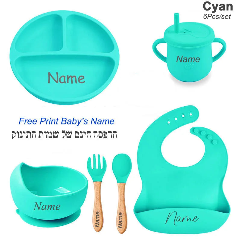 6PCS Silicone Feeding Set For Baby Personalized Name Logo Plate Bowl Customized Newborn Gift Silicone Straw Cup BPA Free
