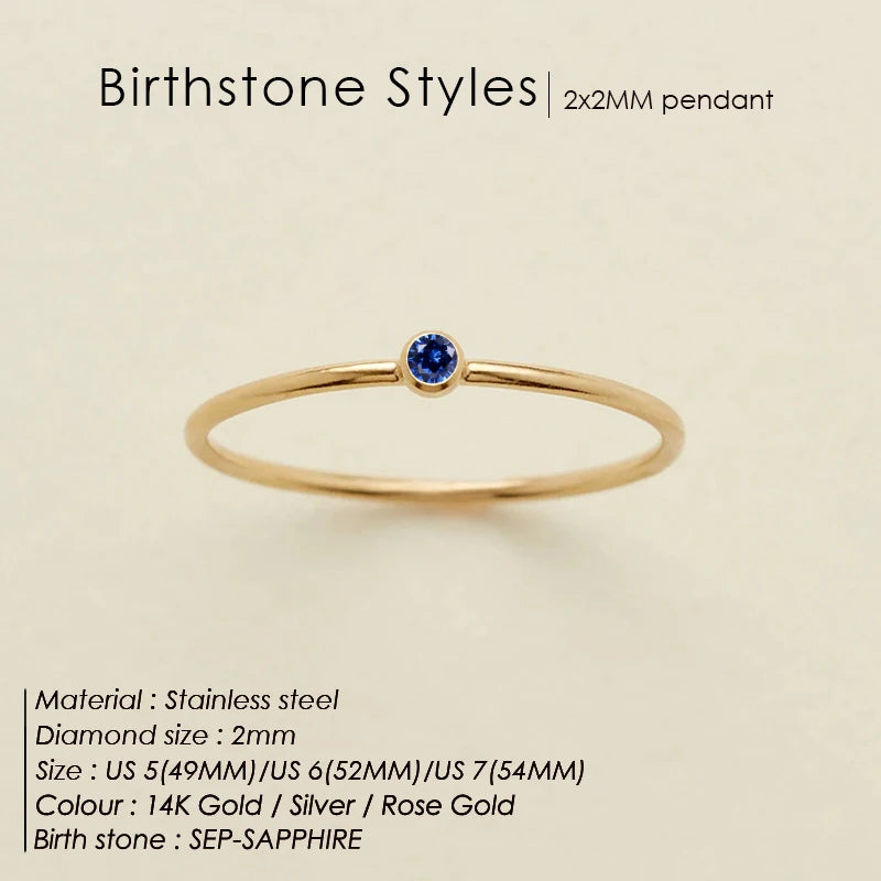 14K Gold Plated Stainless Steel Birthstone Ring for Women Tiny Thin Stacking Ring Colorful Zircon Crystal Aesthetic Jewelry Gift