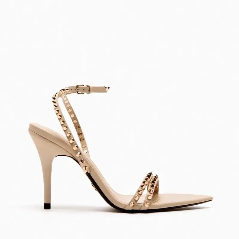 Luxury Designer Rivet Embellished Thin Heeled Sandals Women Summer Sexy Pointed Toe Ankle Strap High Heels Elegant Party Shoes