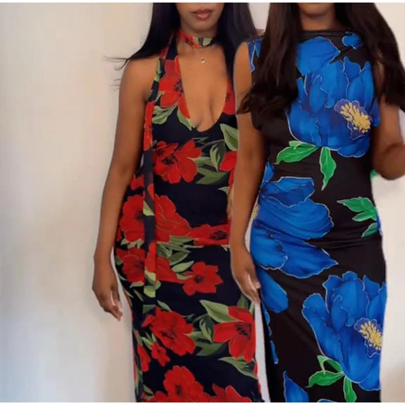 Sexy Flower Print Top Long Skirt Set Women Slim Ruffle Strap U-neck Top Loose High Waist Skirts  Fashion Summer Party Suit