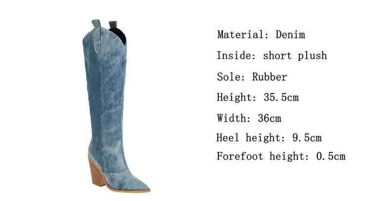 Denim Western Women Knee Thigh High Boots New 2024 Autumn Winter High Heel Cowboy Long Boots Size 43 Slip on Woman Shoes