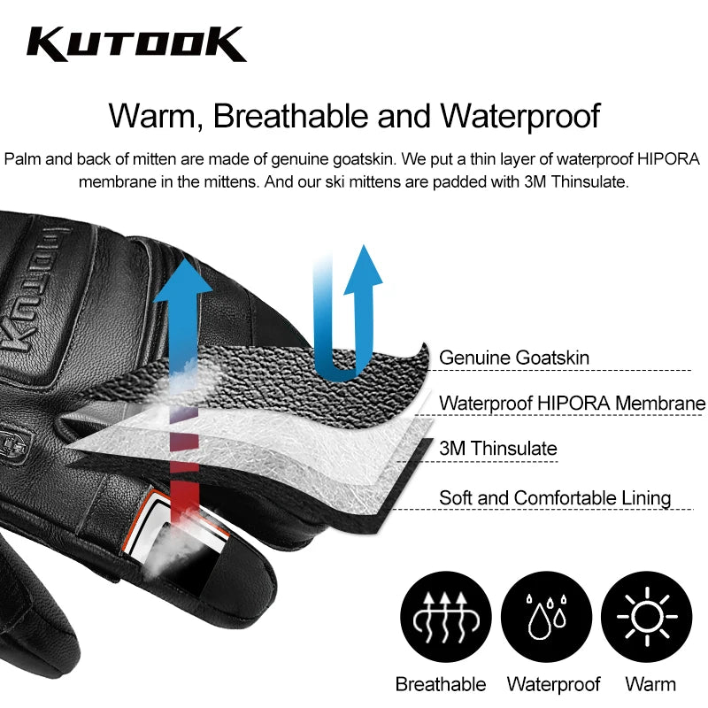 KUTOOK Goatskin Leather Ski Gloves Mittens Waterproof Thicken Winter Snow Snowboard Gloves Thermal Warm Skiing Gloves for Men