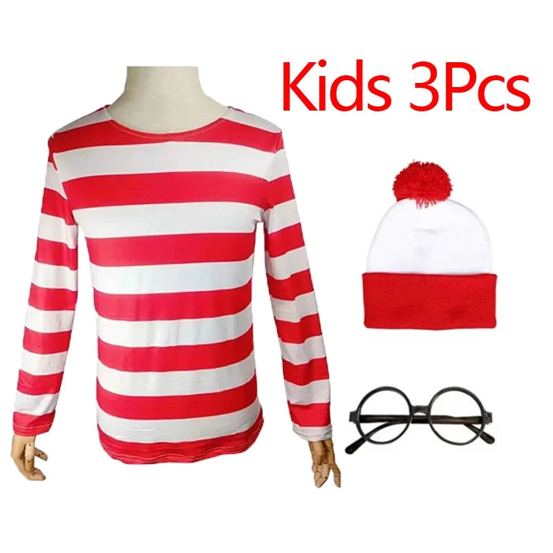 Wheres Waldo Cosplay Costume Red Striped Shirt Role Play Clothes Hat Glasses Socks Halloween Christmas Family Dress Up Outfits