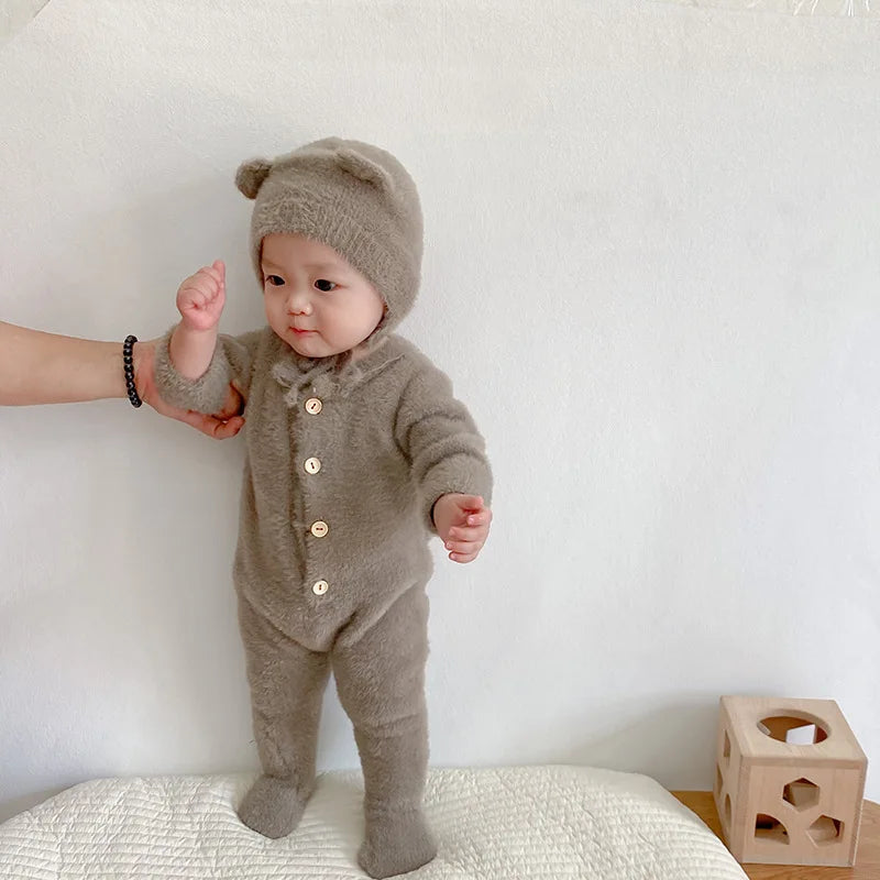 Baby Outfit Newborn Photography Props Mohair Knitted Bear Rompers Footed Jumpsuit Hat 2pcs/Sets Photography Clothing Accessories