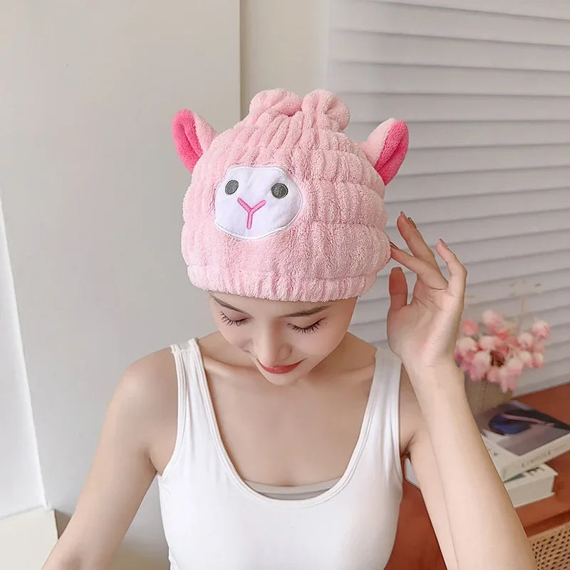 Coral Fleece Cartoon Kids Hair Drying Hat Animal Embroidered Shower Cap Absorbent Quick Dry Tape Cute Bathroom Accessory Soft