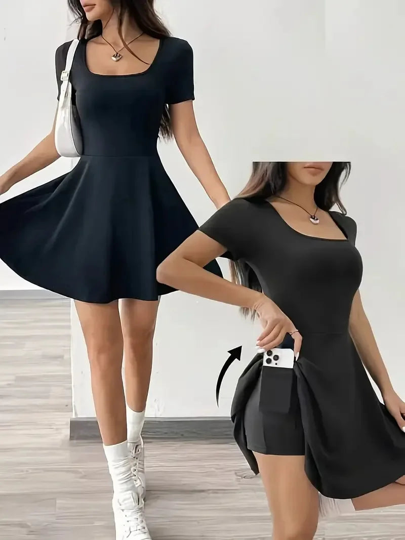 Summer 2025 Brown Knitted Short Casual Dress Mini Skirt Length Polyester Fiber Square Collar Empire Waistline Regular Sleeve