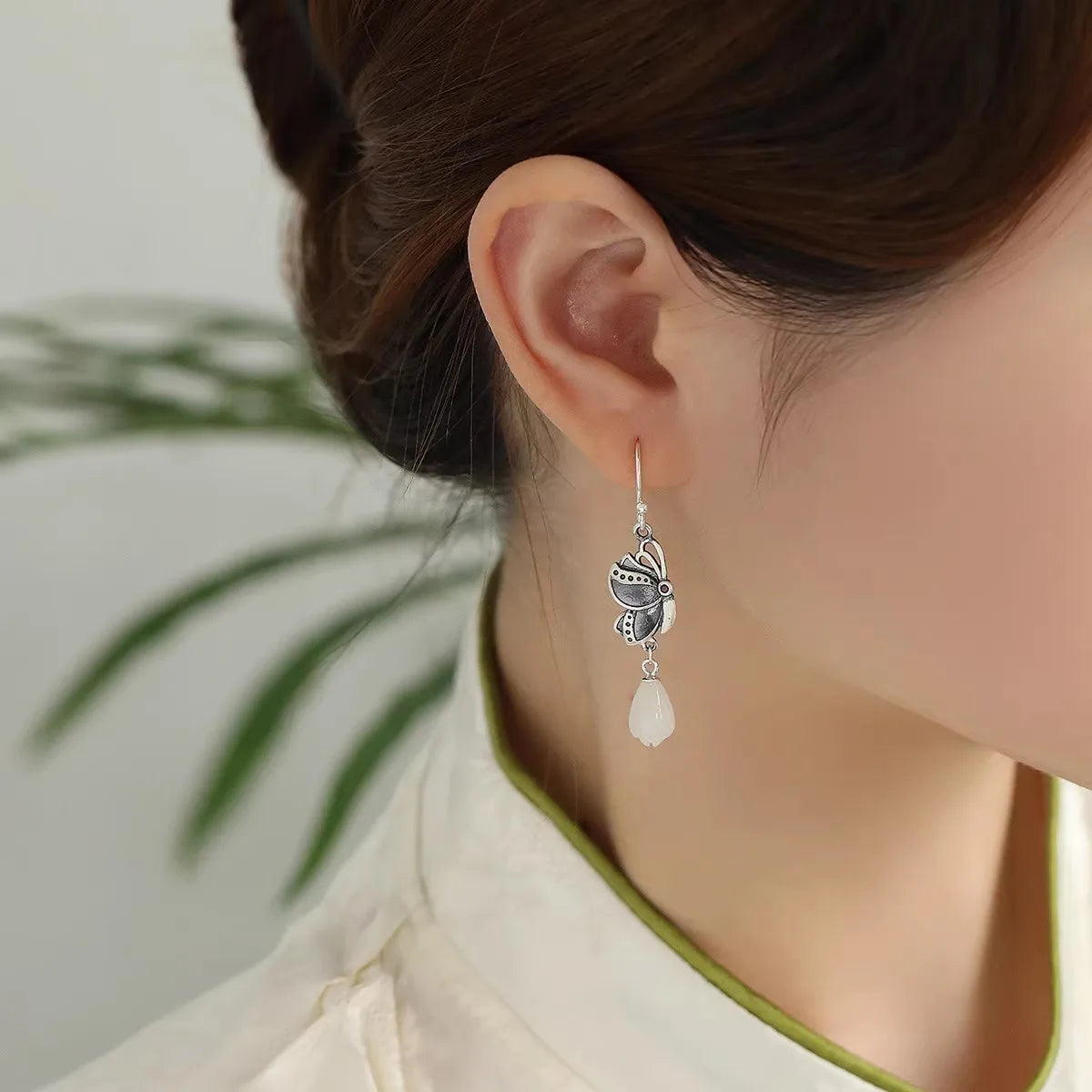 silver 925 Light luxury Butterfly earrings for women Natural Hetian Jade Orchid Earring Vintage Ethnic Style Wedding Jewelry