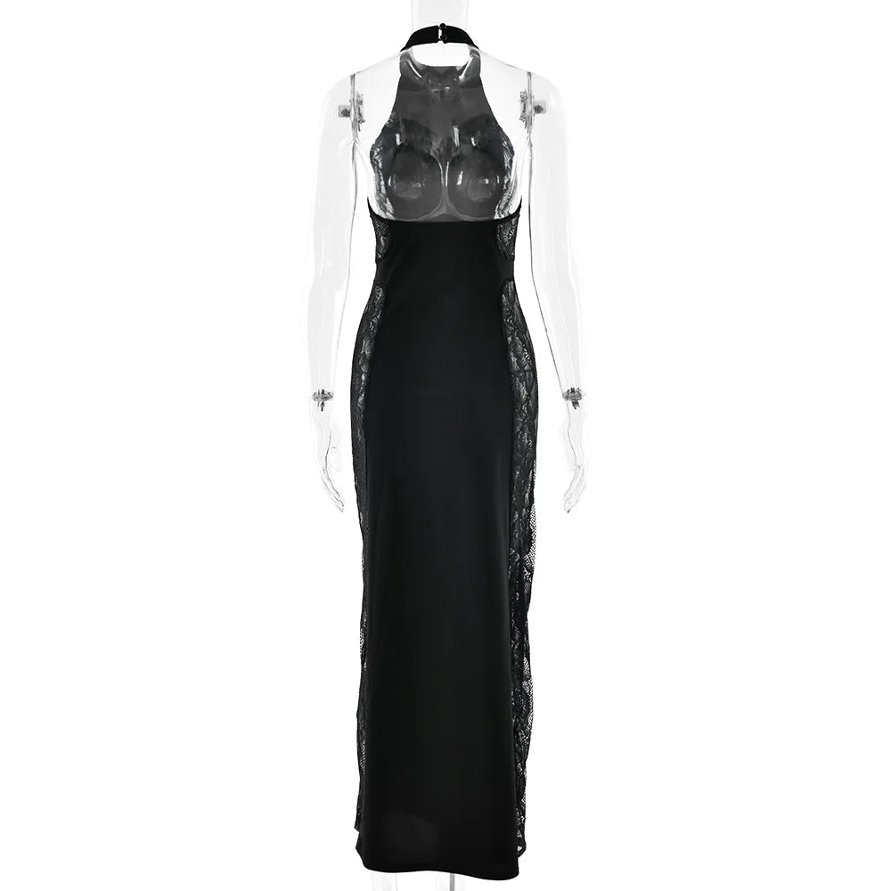 Talenza Luxury Lace Evening Dress Sexy  See-Through Cutout Lace Backless Dress Elegant Sleeveless Halter Neck Women Party Dress