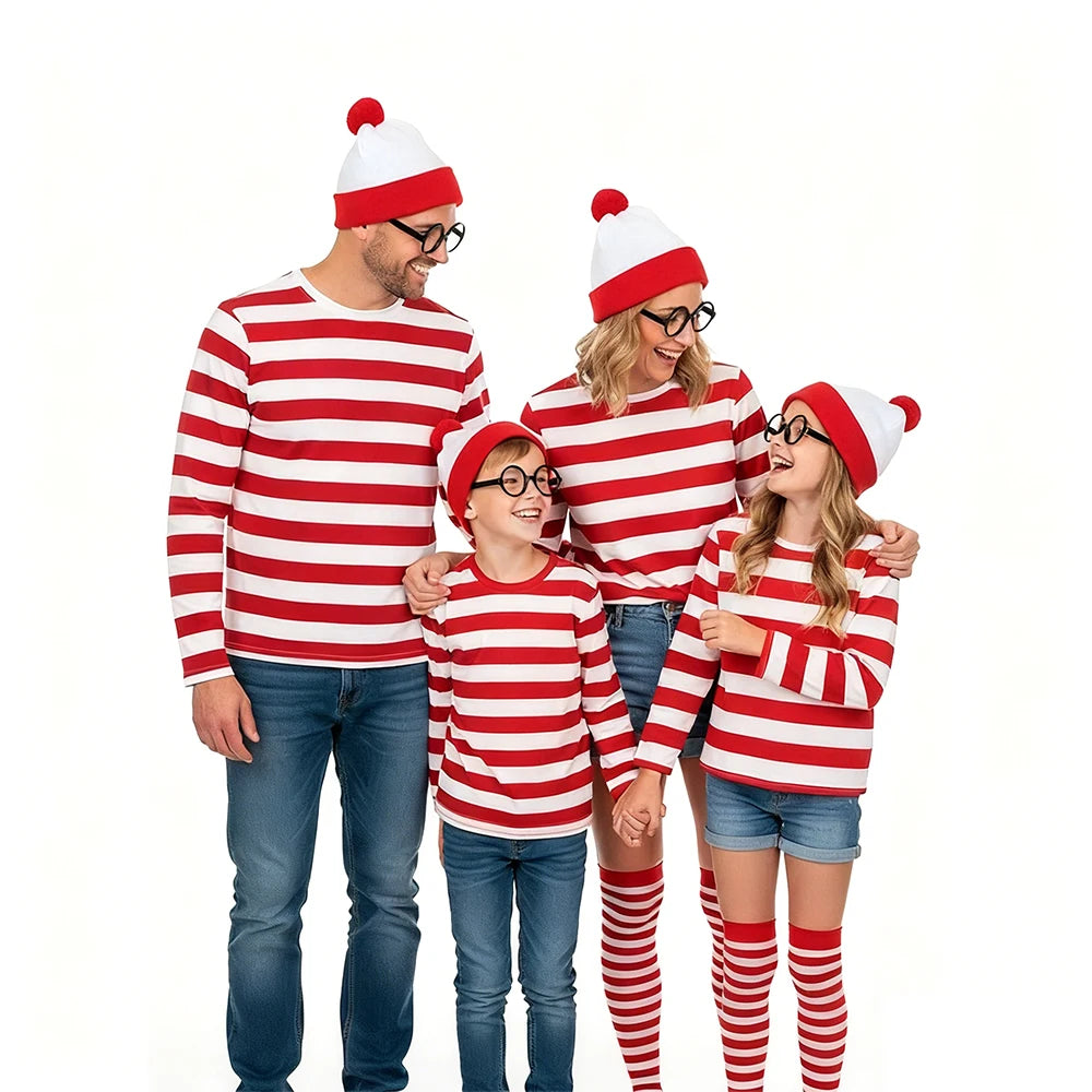 Wheres Waldo Cosplay Costume Red Striped Shirt Role Play Clothes Hat Glasses Socks Halloween Christmas Family Dress Up Outfits