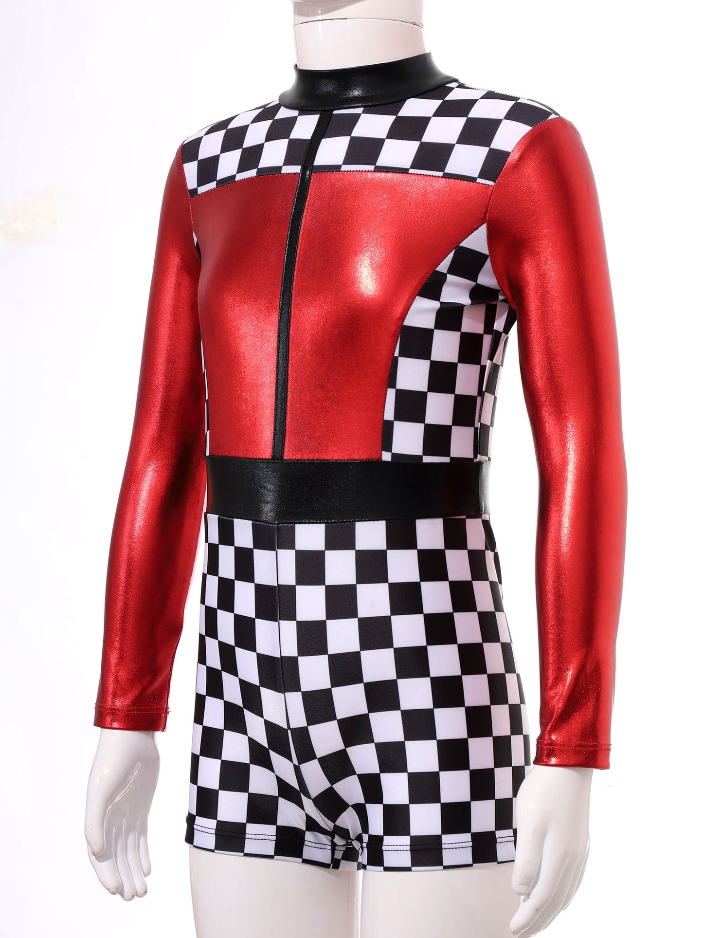 Kids Girls Checkerboard Racer Costume Halloween Car Driver Cosplay Leotard Dress with Tulle Skirt Themed Party Driving Roleplay