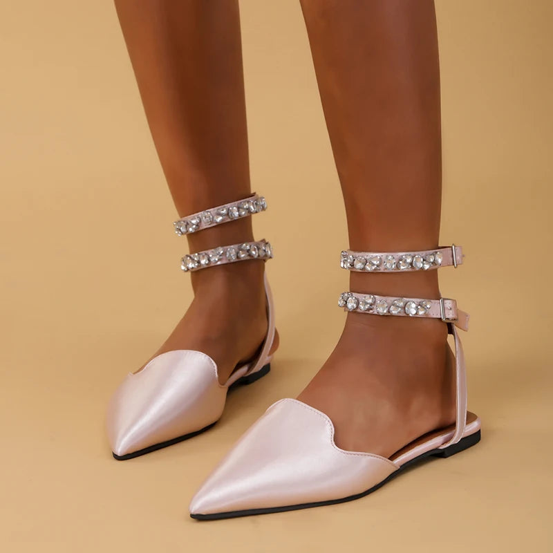 Shiny Crystal Flat Heels Gladiator Sandals Women Sexy Pointed Toe Pink Party Shoes Woman Plus Size 42 Ankle Straps Pumps Lady