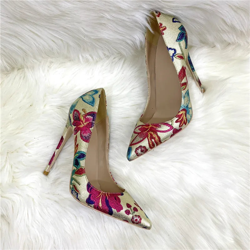 Fashion Print Women's Pumps 8CM 10CM 12CM Sexy Pointy Toe Luxury Female Shoes 2025 Spring Summer All-Match Woman Gold High Heels