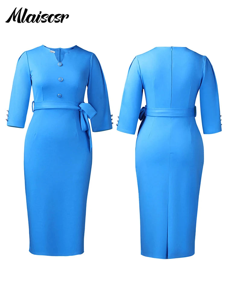 Mlaiscsr Fashion Slim Midi Dress Women Autumn Casual V-Neck Lace-up Long Sleeve Pencil Dresses Elegant Office Work African Robe