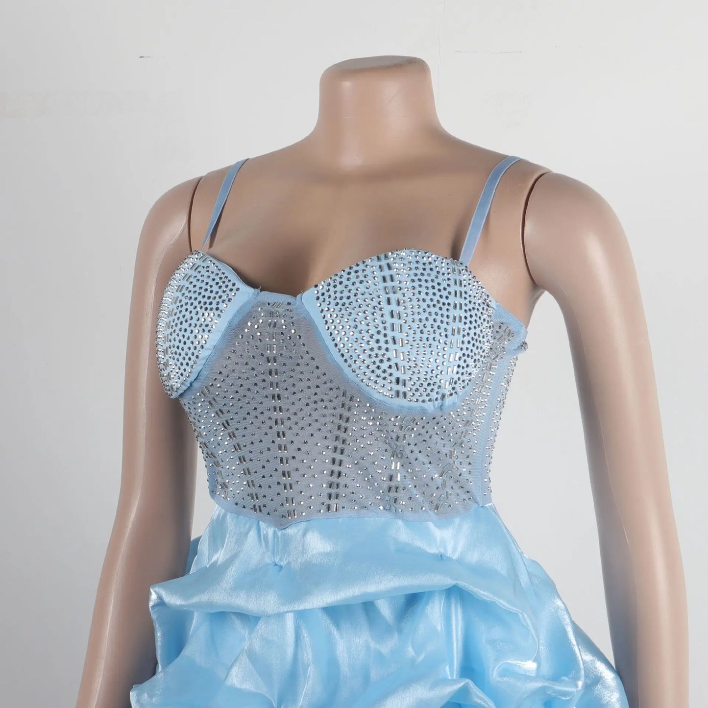 HBLL Sexy Rhinestone Bodycon Ruched Puff Suspenders Dresses Women Sheer Mesh Birthday Party Night Clubwear Summer Dresses Robes