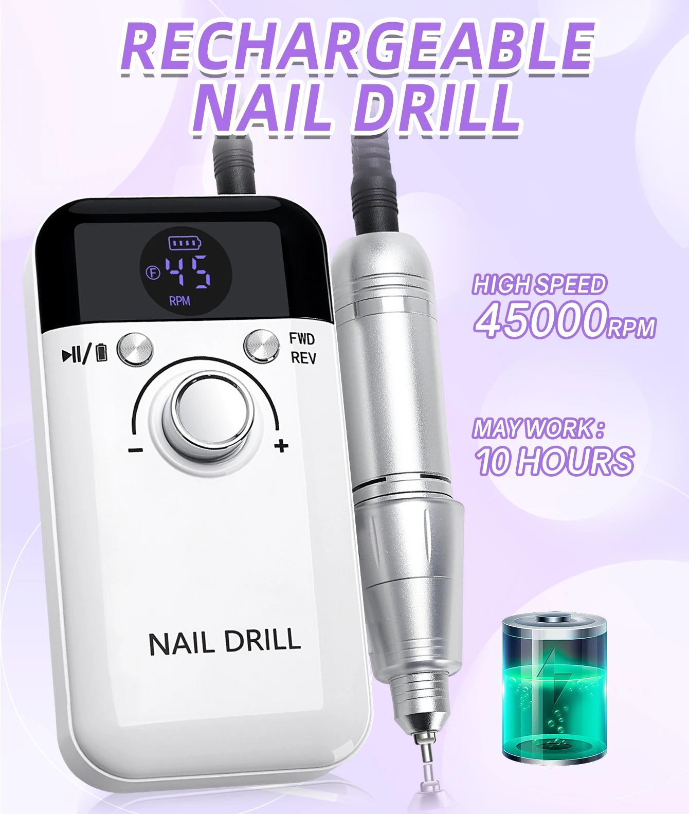 45000RPM Electric Nail Drill Machine With LCD Display Rechargeable Portable Nail File Set for Gel Nails Polish Nail Art Tools