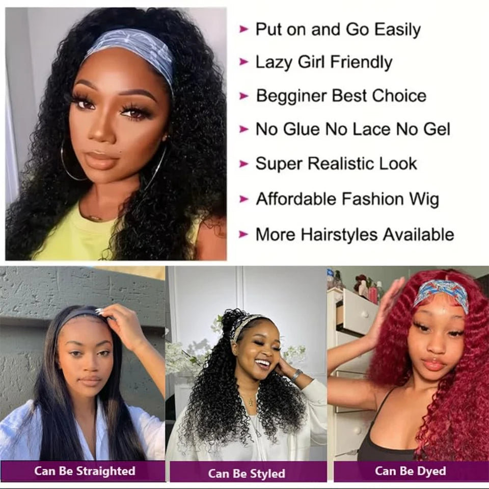Headband Wig Human Hair Deep Wave Wigs for Black Women Glueless None Lace Front Curly Wig Brazilian Virgin Hair Wear and Go Wigs