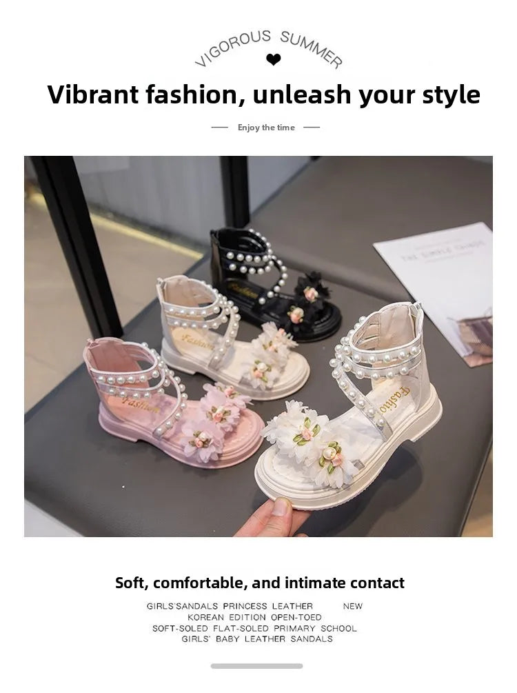 Girls Summer Sandals Soft Bottom Toe-Open Cute Princess Shoes Middle Large Children Little Girls Student Beach Shoes