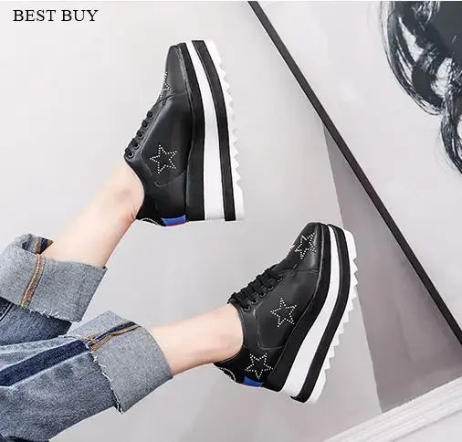 2024 Height Increasing Star Rivet Shoes Classic Platform Rose Gold sneakers Mix Color Square Toe Wedge Shoes Lace Up Lady Shoes