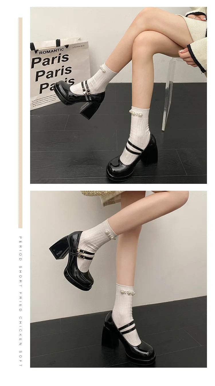 Women Chunky Heels Mary Jane Shoes Princess Spring New Fashion Platform Comfortable Black Soft Anti-slippery Dress Leather Shoes