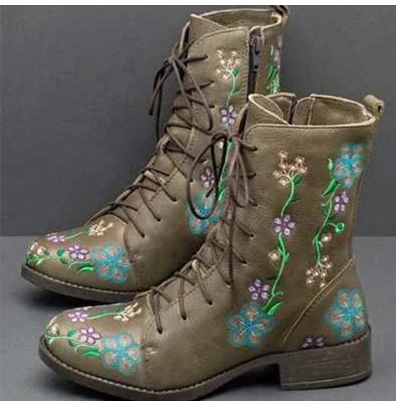 Woman Ankle Boots Embroidery Big Size Flower Boots 2023 Women Autumn Winter Lace Up PU Leather Female Footwear Ladies Shoes