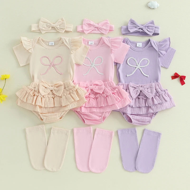 0-18M Newborn Infant Baby Girl Summer Outfits Bow Embroidery Short Sleeve Romper+Tutu Skirt Shorts+Socks +Headband Set