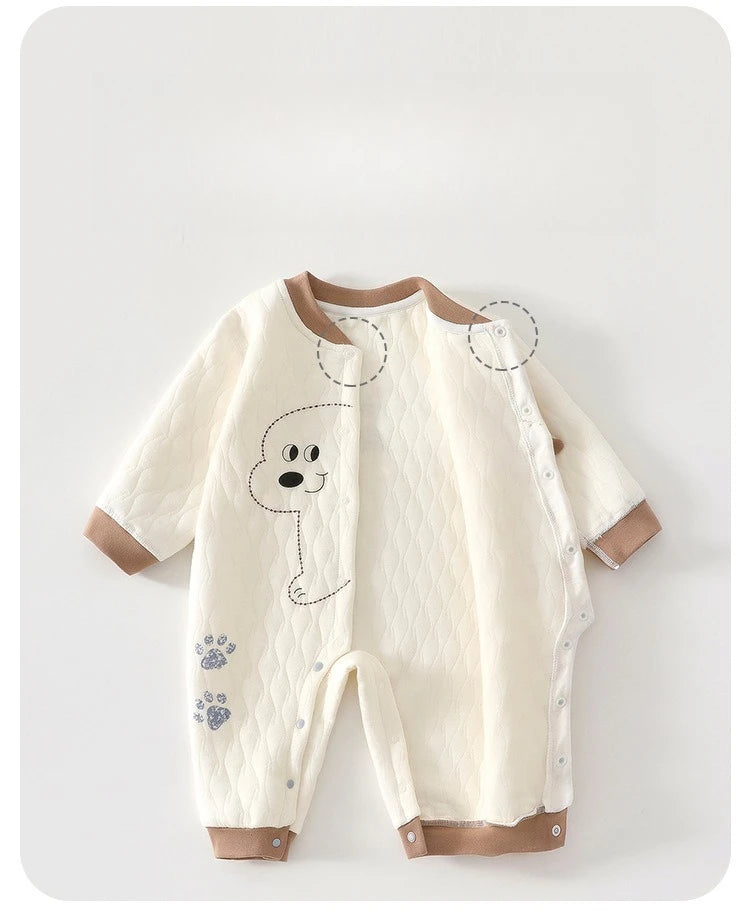 0-2Y Newborn Girl Boy Spring Bodysuit 2026 Baby Cotton Quilted Seamless Romper Autumn Warm Printed Soft Skin-Friendly Sleepwear