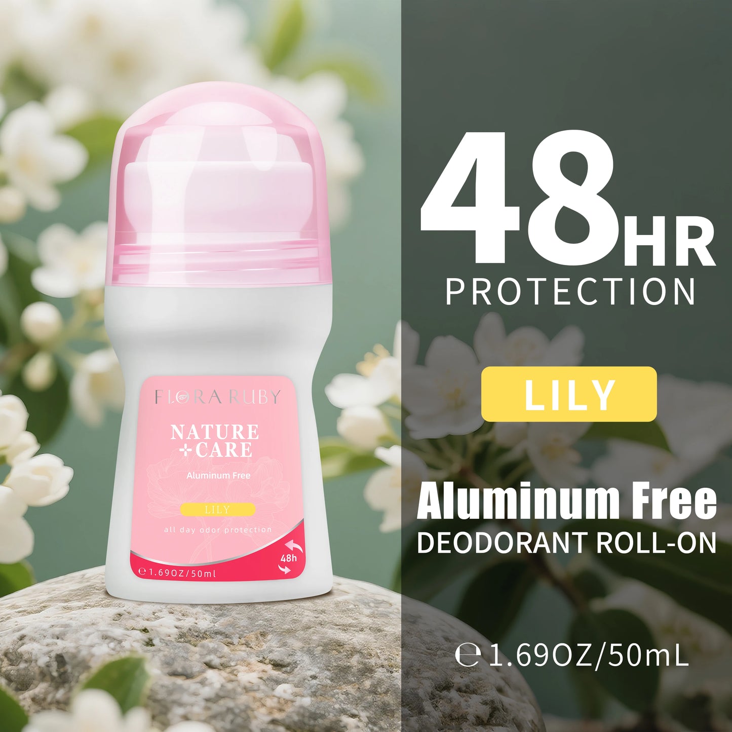 Flora Ruby Cherry Blossom Collection Lavender/Rose/Jasmine/Lily Roll On Deodorant Aluminium free for Women 1.69 fl oz/50 ml