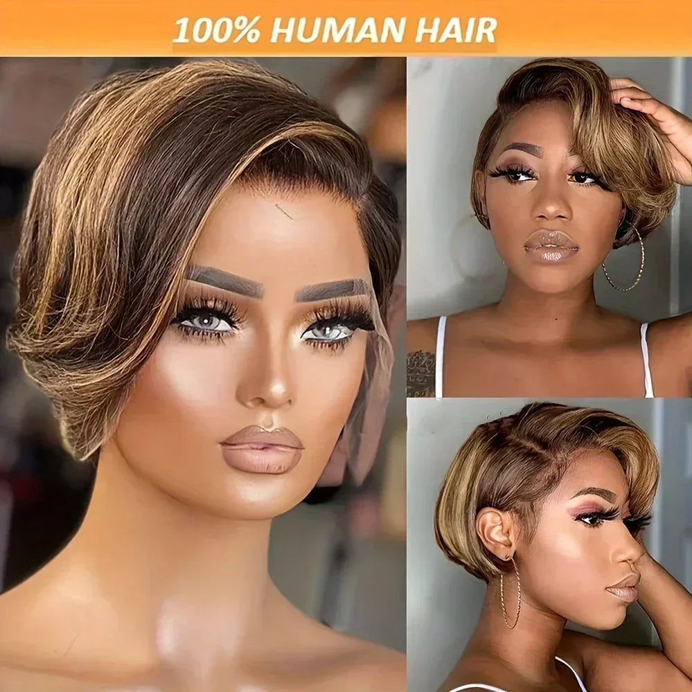 13x4 Lace Front Pixie Cut Bob Wig Highlight Honey Blonde Ombre Brazilian Remy Human Hair Pre‑Plucked Natural Hairline Soft